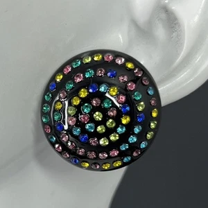 Lucite Rhinestone Dome Earrings Black Multicolor Crystal Sparkle Pierced Retro - Picture 1 of 6