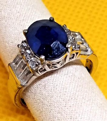 Anillo de platino sobre plata con circón blanco natural zafiro azul de 9,40 quilates talla 7 Foto 1 de 4