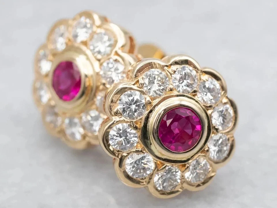 2ct Round Halo Lab Created Ruby Diamond Stud Earrings 14k Yellow Gold Plated - Image 1 of 3