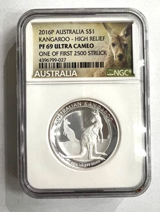 2016P AUSTRALIA $1 SILVER KANGAROO HIGH RELIEF COIN NGC PF69 ULTRA CAMEO - Picture 1 of 2
