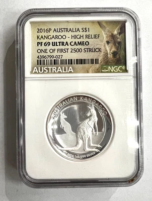 2016P AUSTRALIA $1 SILVER KANGAROO HIGH RELIEF COIN NGC PF69 ULTRA CAMEO - Image 1 of 2