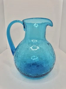 Vintage MCM Blenko Glass 637L Pitcher In Turquoise Crackle 9” Stunning - Picture 1 of 4