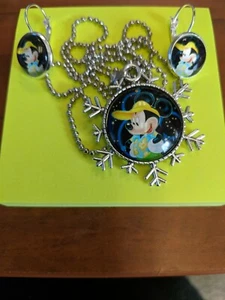 Necklace & Earrings set Glass Dome Silver 20" chain Disney Mickey Mouse NEW - Picture 1 of 5