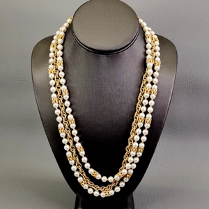 Napier Beaded Necklace White Imitation Pearl Gold Tone Rope Chain Layered 22" - Picture 1 of 20