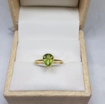 10k Yellow Gold Natural Pear Cut Peridot Gemstone Solitaire Women Dainty Ring - Image 1 of 4