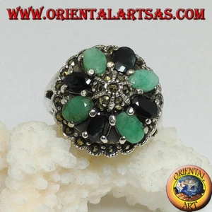 Bague en Argent 925‰ Avec Hémisphère Entouré De Cercle De Émeraudes Et Saphirs - Imagen 1 de 3