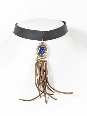 Западный богемное Americana черный искусственной кожи ошейник бахрома золотой тон синий 15 дюймов - Изображение 1 из 4