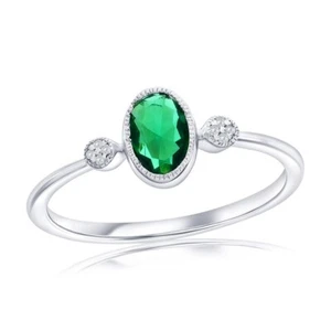 Sterling Silver, Lab-Grown Oval Emerald & Natural Diamond Ring - Picture 1 of 1