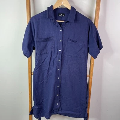 Mini Camisa Vestido Mujer Dotti 10 Azul Marino Mezcla Lino Botón Delantero Manga Corta Foto 1 de 4