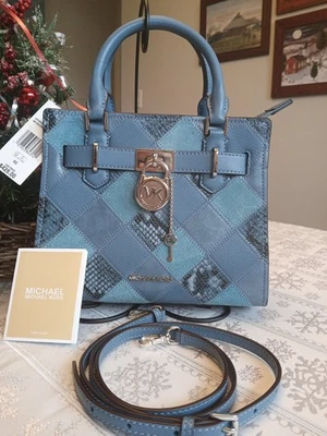 MICHAEL KORS HAMILTON SM PATCHWORK SNAKE EMBOSSED SATCHEL CORNFLOWER BLUE NWT - Image 1 of 4