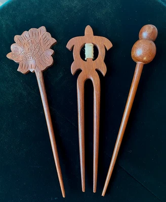 3 PALITOS DE PELO DE MADERA TALLADA VINTAGE 7,5" Foto 1 de 4