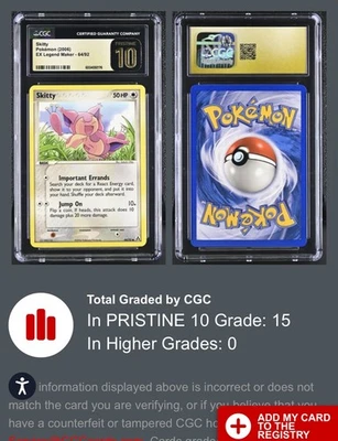 CGC Pristine 10 POKEMON Skitty 64/92 EX Legend Maker Common RARE LOW POP only 15 - Image 1 of 3
