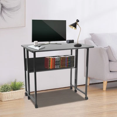 Folding Desk Foldable Computer Desk with Wheels Folding Desk with Storage Shelf - Image 1 of 4