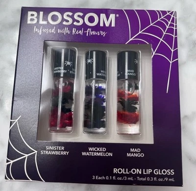 Brillo de labios enrollable Blossom con flores HALLOWEEN-paquete de 3-fresa sandía mango Foto 1 de 3