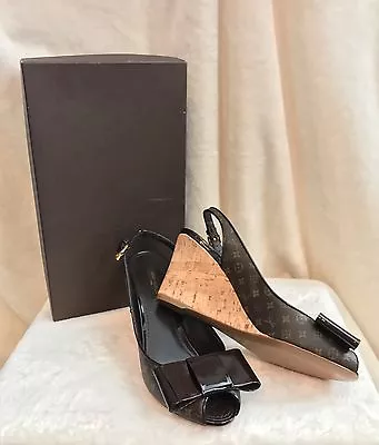 Nuevo Louis Vuitton Monograma Marrón Charol Cuña Sandalias Zapatos 37, 6.5, 7 Foto 1 de 4
