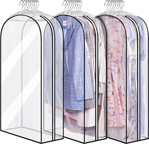 Waterproof Gusseted Clear Garment Bags with Side Zip - 3 Pack for Clothes - Picture 1 of 7
