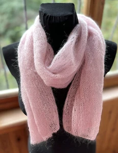 Women Powder Pink Knitted Fuzzy Wool Mohair Scarf, Hand Knit, Light Transparent - Picture 1 of 4