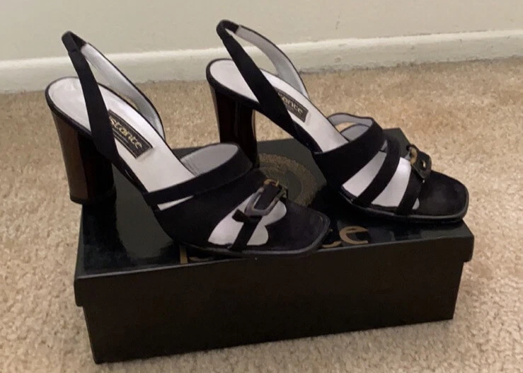 BNIB ISTANTE VERSACE BLACK SUEDE STRAPPY SANDALS W/TORTOISESHELL HEELS & BUCKLE - Image 1 of 4