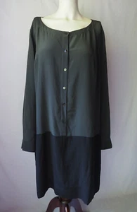Eileen Fisher Silk Shift Dress Button Front Long Sleeve Pockets Gray Black XL - Picture 1 of 6