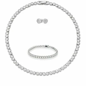 Tennis Necklace Earings Rhodium Bridal Bracelet set Swarovski Inspired 3pc Set - Picture 1 of 1