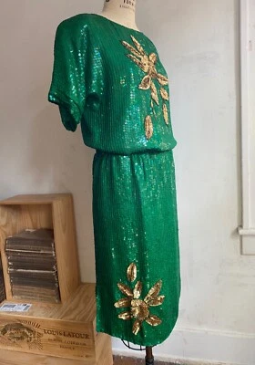 Conjunto de 2 Falda Top Lentejuelas Seda Vintage Años 90 Kelly Verde Dorado Navidad India S Foto 1 de 4