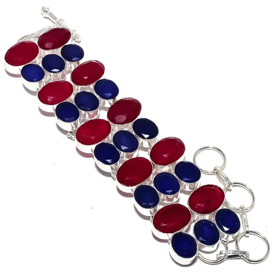 Ruby(Simulated), Sapphire Gemstone Handmade 925 Sterling Silver Bracelet 7-8" - Image 1 of 1