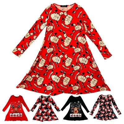 HOT LINE Girls Christmas Swing Dress Kids Xmas Red Santa Rudolph Reindeer Dresses 3-13 Yr