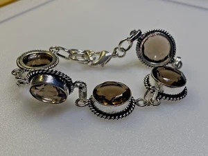 Vintage Sterling Silver 925 Bracelet Smoky Quartz 23g - Picture 1 of 7