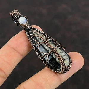 Pear Natural Orthoceras Fossil Rainbow Moonstone Copper Wire Wrapping Pendant - Picture 1 of 6