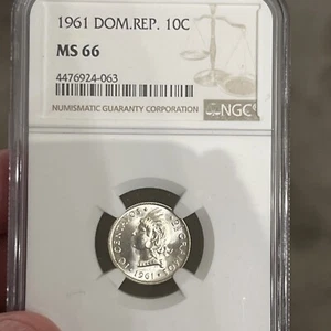 DOMINICAN REPUBLIC 1961 10 CENTAVOS SILVER NGC MS66 - Picture 1 of 3