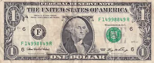 Series 2006 $1 note Atlanta GA F14998849 fancy number 3 9s pair 8+4 circulated - Picture 1 of 2