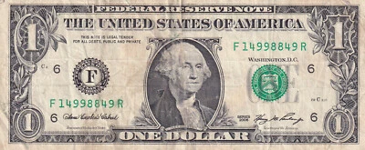 Series 2006 $1 note Atlanta GA F14998849 fancy number 3 9s pair 8+4 circulated - Image 1 of 2