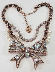 Vtg Betsey Johnson multi-color Jewel Bow Statement Necklace Pearls Rhinestones - Picture 1 of 12