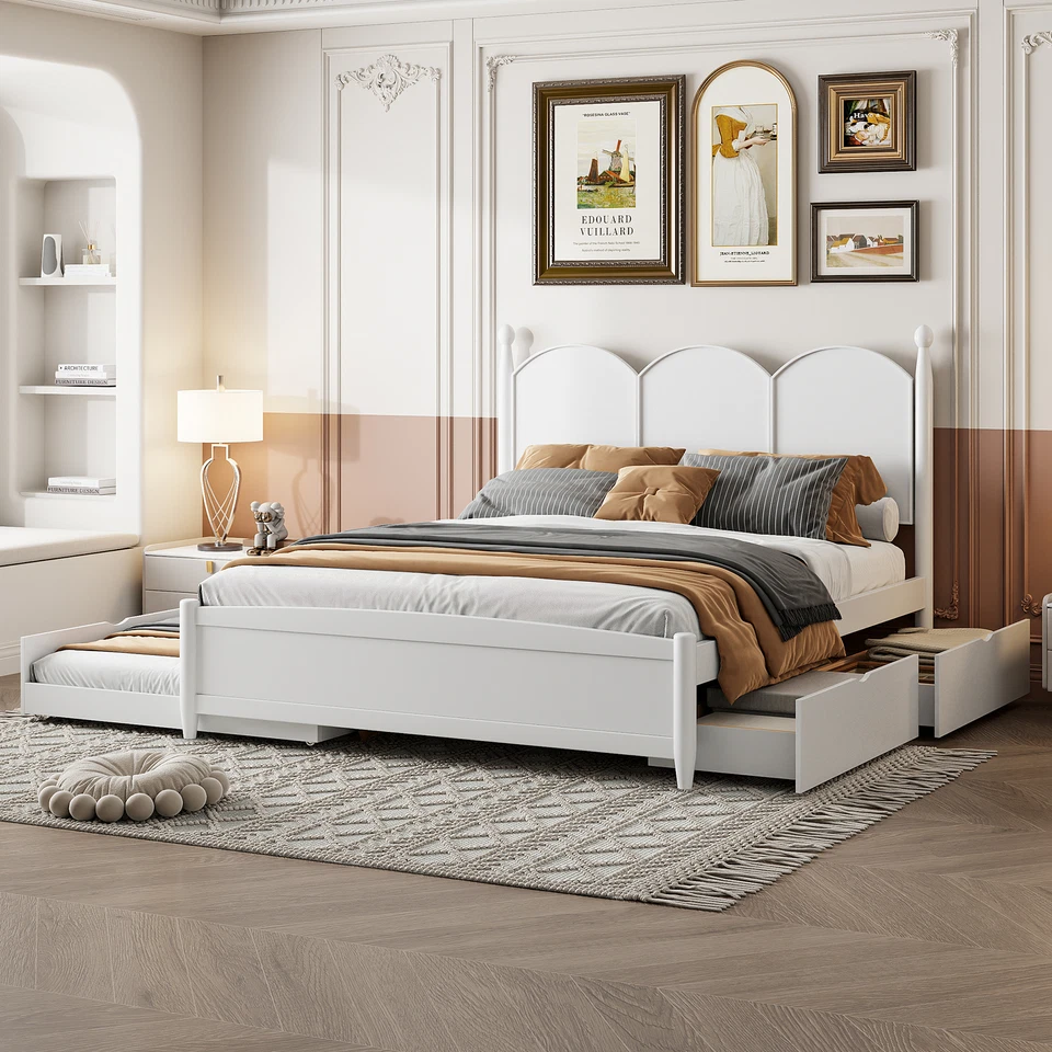 Queen Size Platform Bed Frame W/Storage Drawers Twin XL Size Trundle For Bedroom - Image 1 of 1