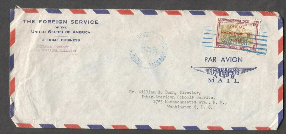 Honduras 1954 Cubierta Servicio Exterior Embajada Americana para la Educación Washington DC Foto 1 de 1