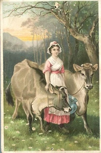 Tarjeta comercial vintage Jersey Cows & Milkmaid #14 serie medicina y tónico años 1880 - Imagen 1 de 2