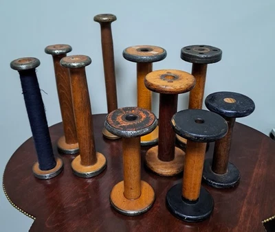 De Colección Primitive Americana Gran Lote de 10 Carretes de Madera Textil Fábrica Rústicos Foto 1 de 4