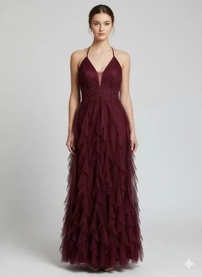 New Burgundy Wine Halter Tiered Ruffle Tulle Prom Formal Evening Gown Size 3/4 - Image 1 of 4