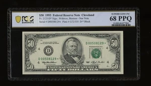 DBR 1993 $50 Cleveland STAR Fr. 2125-D* SuperGem PCGS-B 68 PPQ Serial D00508129* - Picture 1 of 2