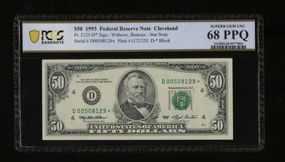 DBR 1993 $50 Cleveland STAR Fr. 2125-D* SuperGem PCGS-B 68 PPQ Serial D00508129* - Image 1 of 2