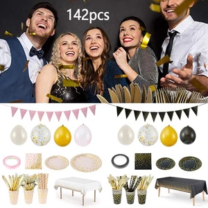 142 Pieces Black/Pink and Gold Party Supplies Set Golden Dot Party BrJYJ - Picture 1 of 15