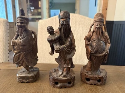 Fu Lu & Shou Antique Chinese Wooden Hand Carved / Hand Painted Immortal Statues - Image 1 of 4