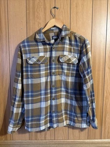 Camisa de franela de algodón orgánico pequeña Patagonia para hombre marrón azul a cuadros abotonada - Imagen 1 de 14