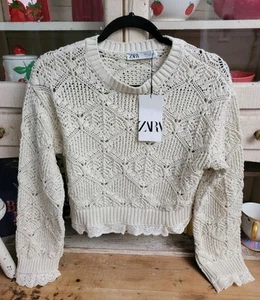 NEW Zara Womens Small Cream Lace Knit Crochet Lace White Pullover Sweater - Picture 1 of 5