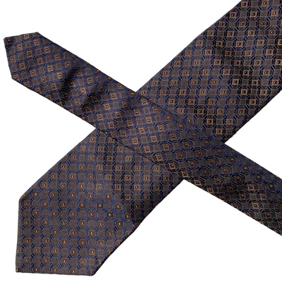 Gravata Luciano Barbera vintage azul marinho e bronze geométrica jacquard seda feita na Itália - Imagem 1 de 4