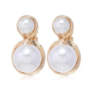 Simulated Pearl Clip On Stud Earrings (Double Pearls) - Picture 1 of 8
