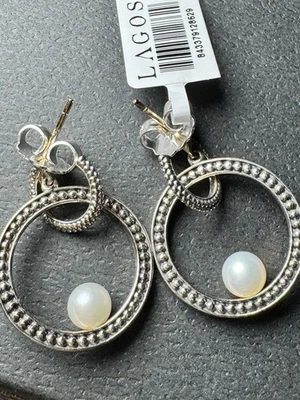 Pendientes colgantes LAGOS Luna Pearl 23 mm círculo caviar plata oro 18K NUEVOS NUEVOS CON ETIQUETAS Foto 1 de 4