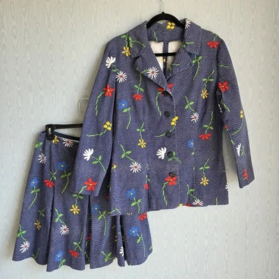 Vtg 60s 2-Piece Skirt Suit Medium Handmade Floral Denim Retro Quirky Mod Artsy - Image 1 of 4
