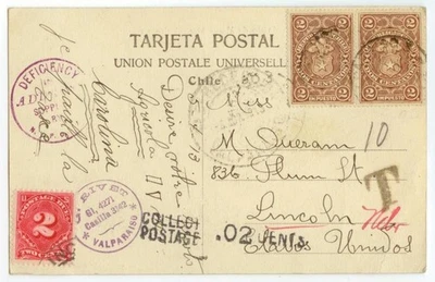 Valparaíso Chile 1913 ppc a Lincoln Nebraska franqueo debido impuestos sellos usados Foto 1 de 2