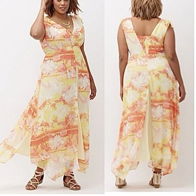 Maxi Vestido Lane Bryant Floral Chifón Corbata Amarillo Naranja Sin Mangas Talla 20 Foto 1 de 4